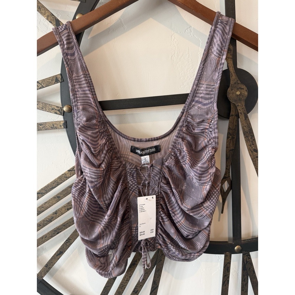 Urban Outfitters Mesh Ruched Drawstring Cropped Tank Top Purple Scoop Neck L